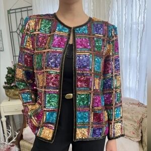 VTG 1980's Laurence Kazar Sequin Formal Silk Multicolor Glass Jacket Sz PL